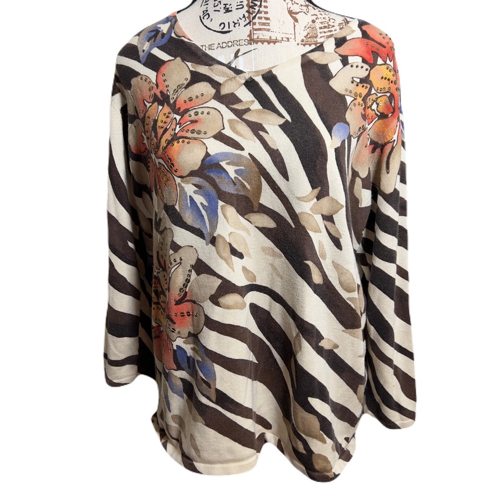 Alfred Dunner Zebra Print Floral Embellished Top Size M Brown Orange Beige
